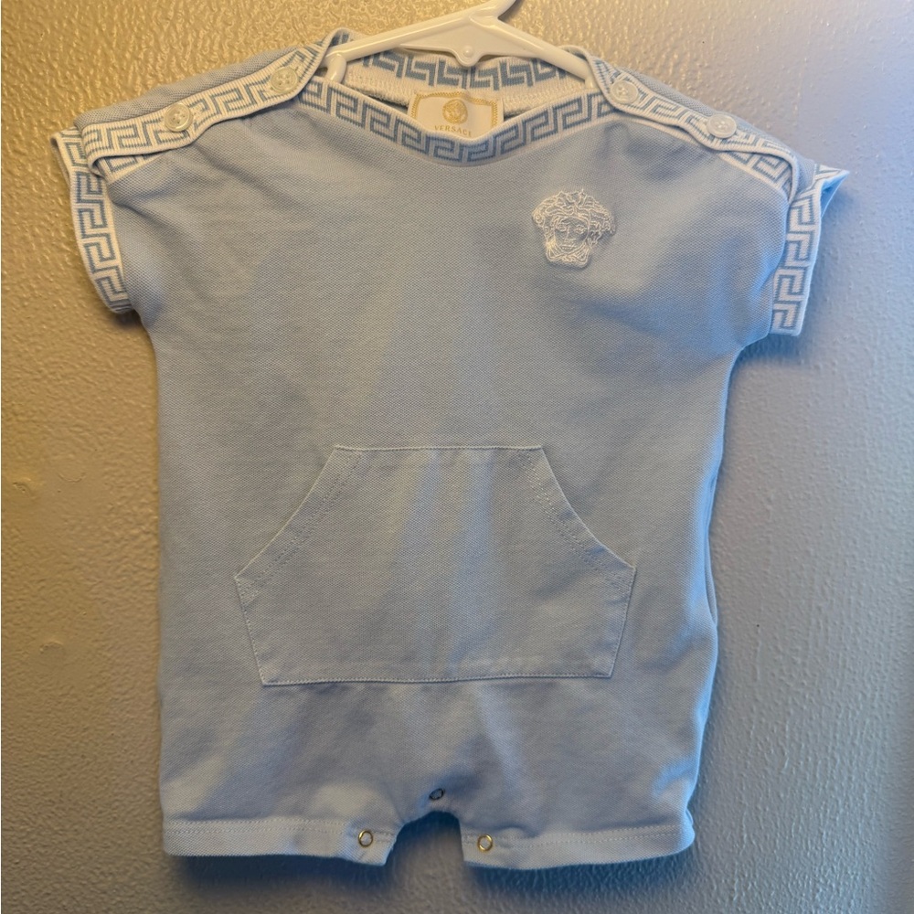 Versace Light Blue Romper with Greek Key Trim